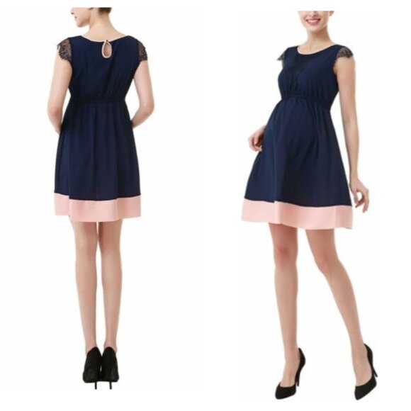 Kimi + Kai Navy Blue Maternity Nell Lace Trimmed Colorblock Dress - Picture 1 of 13